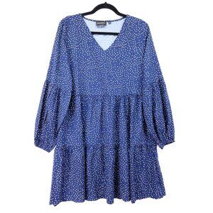 Retrofete Silk Tiered Mini Dress Size Large Blue Polka Dot Balloon Long Sleeve